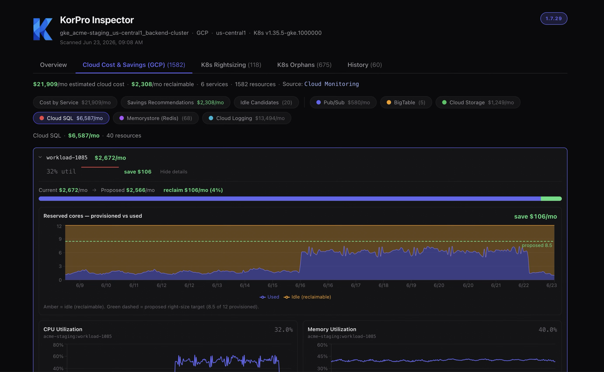 KorPro Cloud Cost & Savings dashboard