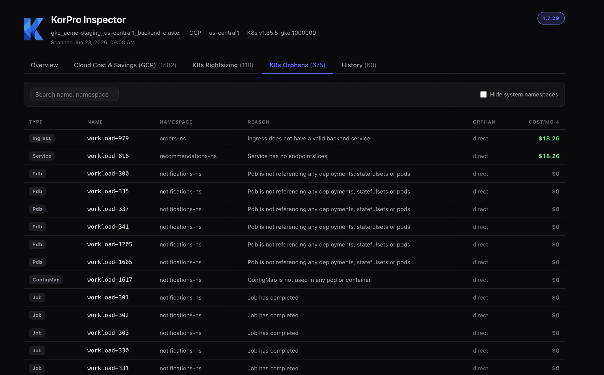 KorPro Orphan Cleanup dashboard