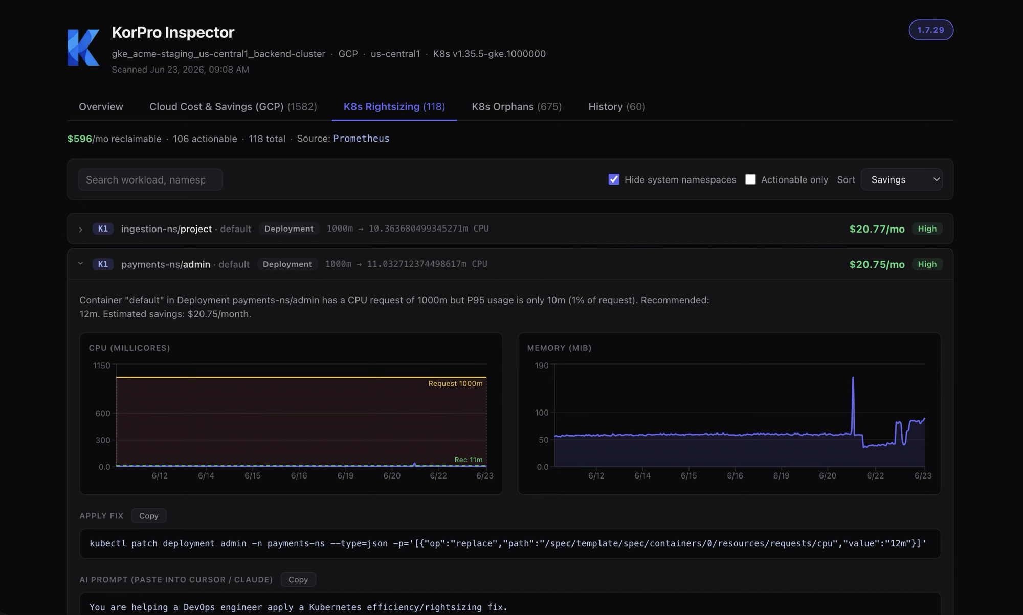 KorPro Kubernetes Right-Sizing dashboard